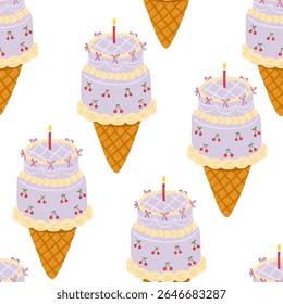 Seamless vector pattern with hand-drawn lavender bento cake cones decorated with cherries, bows and candles. Chalk crayon style, perfect for packaging. Single dessert to take away.
