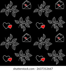 Seamless vector pattern with hand-drawn leaves, hearts, and love letters. Elegant white line art with red accents on black. Ideal for romantic stationery, textiles, and wrapping.
