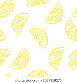 Seamless vector pattern hand-drawn lemon slices. Fresh style. Summer pattern. For summer-themed designs, food packaging, textiles, wrapping paper, and digital backgrounds, textile prints. 