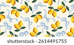 Seamless vector pattern with hand-drawn lemons and loose blue ribbon bows on cream background. Fresh and elegant Mediterranean citrus design for fabric, kitchen decor, packaging, or summer-themed 