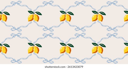Seamless vector pattern with hand-drawn lemons and decorative blue ribbons on light background. Mediterranean fruit motif for textile, wallpaper, kitchen decor, packaging, or summer-themed design proj