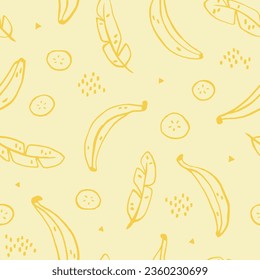 Seamless vector pattern with hand-drawn line art of bananas and banana leaves on a light yellow background. Quirky food illustration perfect for accessories, fabric, digital paper, packaging.
