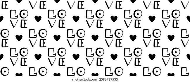 Seamless vector pattern with hand-drawn 'LOVE' typography and hearts. Black and white doodle style design, perfect for Valentine's Day, wedding decorations, wrapping paper, textiles, and backgrounds.