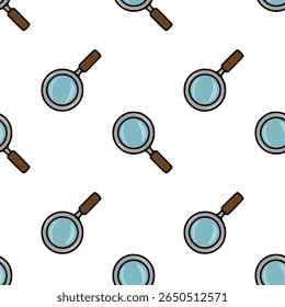Seamless vector pattern of hand-drawn magnifying glasses with wooden handles, featuring a light teal lens and a repeating design on a white background.