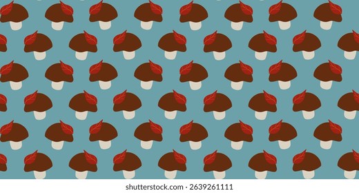 Seamless vector pattern of hand-drawn mushrooms  with small autumn leaves on a muted teal background. Ideal for packaging, textile design, autumn themes, wrapping paper, and organic branding visuals.