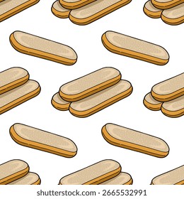 Padrão vetorial contínuo de fatias de pão oblongo desenhadas à mão, com uma textura de migalha bege e crosta marrom-dourada, dispostas em uma composição dinâmica, sobreposta sobre um fundo branco.