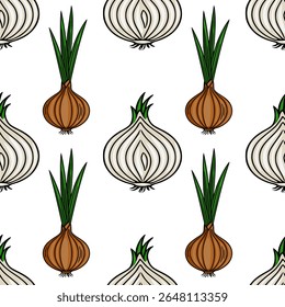 Padrão vetorial contínuo de cebolas desenhadas à mão com brotos verdes, apresentando variedades de cebola branca e marrom em um design repetitivo, ideal para temas culinários ou agrícolas.