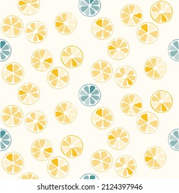 Seamless vector pattern with hand-drawn orange and lime slices on alight beige background