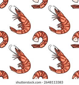 Padrão de vetor sem costura de camarões laranja desenhados à mão, com camarões inteiros e caudas de camarão enroladas, criando um design vibrante e apetitoso de frutos do mar.