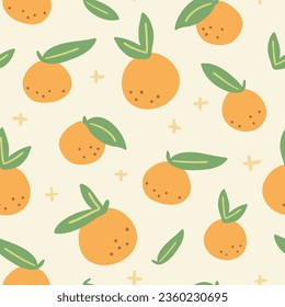 Seamless vector pattern with hand-drawn oranges with green leaves and quirky abstract marks on a cream background. Cute food illustration perfect for notebooks, packaging, digital paper, fabric.