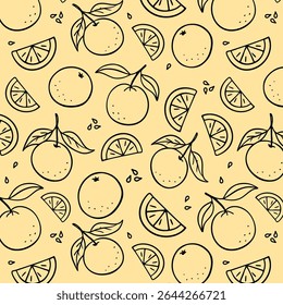 Seamless vector pattern with hand-drawn oranges, slices, and seeds on light background. Black line doodle style. Ideal for wrapping paper, textiles, wallpapers, and summer-themed surface design.