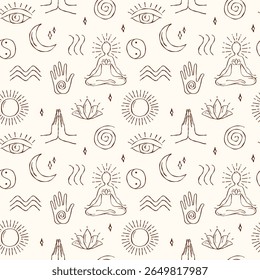 Padrão de vetor sem emenda com símbolos de contorno desenhados à mão de energia e equilíbrio. Inclui onda, espiral, yin-yang, pontos de energia, mão, linhas de respiração, namaste, sol, lua e figura meditante
