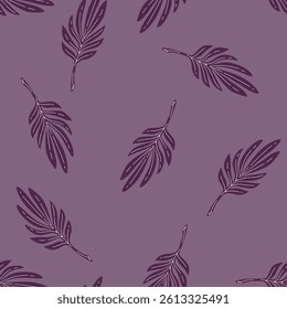 Seamless vector pattern with hand-drawn palm leaves in purple on mauve background. Elegant and modern, great for fashion prints and packaging.