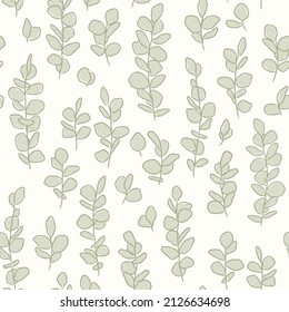 Seamless vector pattern with hand-drawn pastel green eucalyptus branches on a light beige background