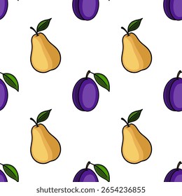 Seamless vector pattern of hand-drawn pears and plums with contrasting colors and simple style, ideal for textile prints or kitchen decor.
