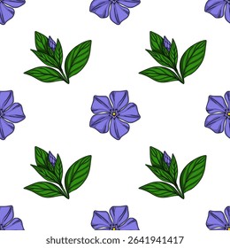 Seamless vector pattern with hand-drawn periwinkle flowers and buds, featuring vibrant purple blossoms and deep green leaves against a crisp white background, ideal for textile prints or digital de...