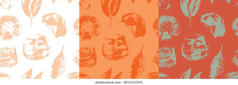 Seamless vector pattern with hand-drawn persimmons, leaves and fruit slices in pastel, charcoal and chalk style. Decorative botanical background for packaging, labels, textiles and apparel prints.