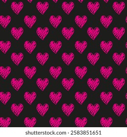 Seamless vector pattern of hand-drawn pink hearts with a sketchy, hatched style on a black background. Perfect for Valentine's Day, greeting cards, packaging, textiles, and romantic-themed designs.