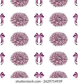 Seamless vector pattern with hand-drawn pink chrysanthemum flowers and purple ribbons, creating a delicate and elegant floral design perfect for feminine branding or textile prints.