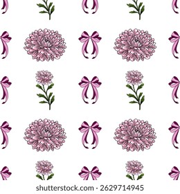 Padrão de vetor sem costura com flores de crisântemo rosa desenhadas à mão, arcos delicados e folhas verdes, criando um design floral charmoso e elegante ideal para projetos femininos.
