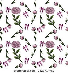Padrão de vetor sem costura com flores de crisântemo rosa desenhadas à mão, botões e arcos roxos em um fundo branco, criando um design floral delicado e romântico.