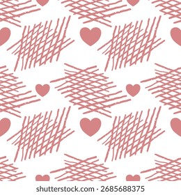 Seamless vector pattern of hand-drawn pink hearts and scribbled crosshatch lines on a white background, evoking a playful and romantic mood.