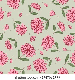 Seamless vector pattern with hand-drawn pink flowers and green leaves on a sage background. Cute whimsical botanical design for fabric and wallpaper.