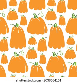 Seamless vector pattern with a hand-drawn pumpkin in a cartoon style. Cute autumn pattern with pumpkins in the style of doodles. For cards, seasonal autumn holidays, Halloween, Thanksgiving, harvest.