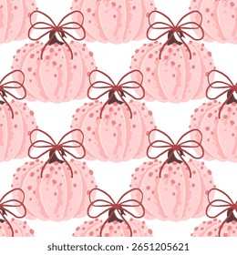 Seamless vector pattern with hand-drawn pumpkins tied with bows, designed in a symmetrical, playful style. This trendy pink pastel artwork is perfect for fall holidays, Thanksgiving decorations.