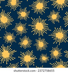 Seamless vector pattern with hand-drawn quirky starbursts exploding on a navy blue background. Fun space illustration perfect for kids clothing, accessories, paper goods, gift wrap, digital paper.