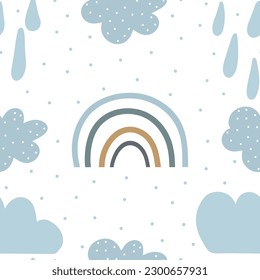 Seamless vector pattern with hand-drawn rainbows and clouds with raindrops. Fashionable children's texture for fabric textile wallpaper.