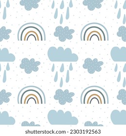 Seamless vector pattern with hand-drawn rainbows and clouds. Fashionable children's texture for fabric textile wallpaper.