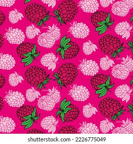 Seamless vector pattern of hand-drawn raspberry doodles on a pink background. For labels, paper, textiles, Wallpaper.