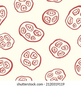 Seamless vector pattern with hand-drawn red tomato slices on a beige background. Fun food illustration perfect for notebooks, packaging, gift wrap, and fabric.
