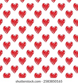 Seamless vector pattern of hand-drawn red hearts with a sketchy, hatched style on a white background. Perfect for Valentine's Day, greeting cards, packaging, textiles, and love-themed projects.