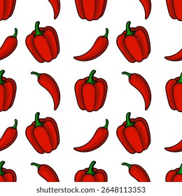 Seamless vector pattern of hand-drawn red bell peppers and chili peppers, vibrant and playful design for food packaging or culinary projects.