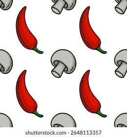Seamless vector pattern of hand-drawn red chili peppers and gray mushrooms, a vibrant illustration perfect for culinary designs or food-related projects.