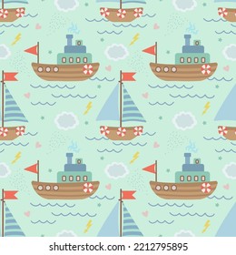 Seamless vector pattern with hand-drawn sailing yachts, ships and the sea wave. Summer bright background for fabric design. Vector illustration.