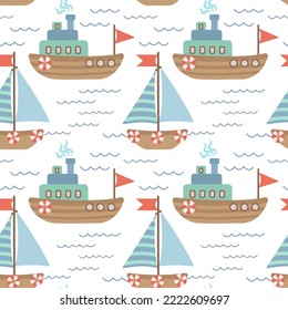 Seamless vector pattern with hand-drawn sailing yachts, ships and the sea wave. Summer bright background for fabric design. Vector illustration.