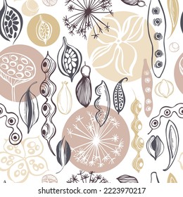  Seamless vector pattern with hand-drawn seedpods. Sketch  illustration.