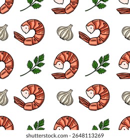 Padrão de vetor contínuo de camarão desenhado à mão, alho e salsa, criando uma ilustração culinária vibrante e apetitosa perfeita para blogs de comida, menus de restaurante ou design de embalagem.