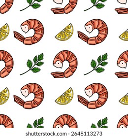 Padrão de vetor sem costura de camarões desenhados à mão, fatias de limão e raminhos de salsa, criando um design vibrante e apetitoso para projetos de temática culinária.