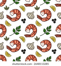 Padrão de vetor sem costura de camarões desenhados à mão, alho, fatias de limão, salsa e pimenta preta, ideal para embalagens de alimentos ou designs culinários.