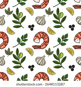 Padrão de vetor contínuo de camarões desenhados à mão, fatias de limão, alho, azeitonas, salsa e pimenta, criando uma ilustração culinária vibrante e apetitosa perfeita para projetos relacionados à comida.