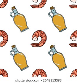 Seamless vector pattern of hand-drawn shrimps and olive oil bottles, featuring a vibrant pop art style with bold outlines and rich colors, ideal for Mediterranean cuisine themes.
