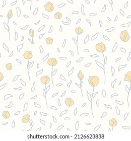 Seamless vector pattern with hand-drawn simple pastel yellow tulip flowers on a light beige background