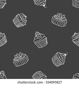 Seamless vector pattern, hand-drawn sketch-style cupcakes and little stars isolated on blackboard. Perfect for menus, invitations, decor for restaurants and birthdays parties