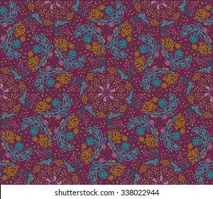 Seamless vector pattern with hand-drawn snail, leaf, dots and flowers.