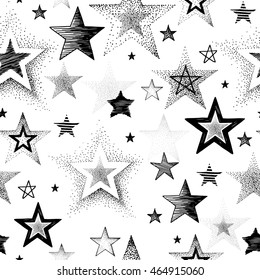 Seamless vector pattern with hand-drawn stars, abstraction illustration on white background.