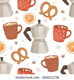 Seamless vector pattern in hand-drawn style. Geyser coffee maker, cute pattern cups, pretzels, orange slices, spices. Hot drinks with marshmallows, vintage dishes, pastries. Coffee break, street food